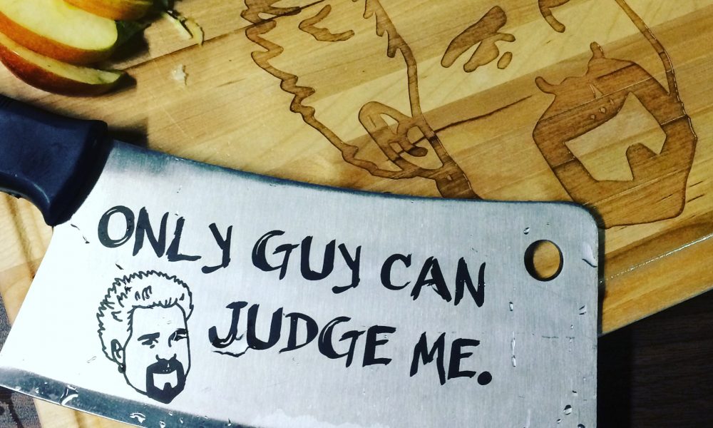 Guy fieri custom engraved knife and cutting board birthday gifts engraving laser engraving pros Meat Cleavers Engraving cutting boards